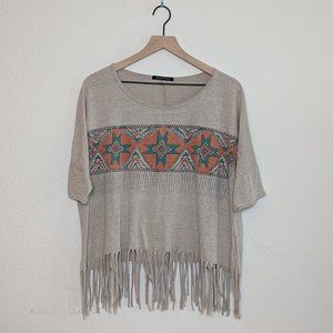 Foreign Exchange Aztec graphic Shirt with Fringe at Bottom Size Medium